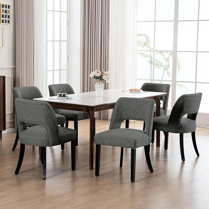 VKNOW Wooden Dining Chairs Set of 6, Modern Fabric Upholstered Dining Room Chair Kitchen Chairs, Farmhouse Dinner Chair for Kitchen Dining Room, Dark Grey-Black Legs