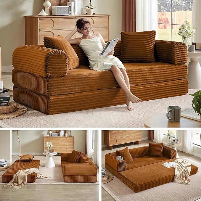 Boneless Couch Sofa Bed Sectional Couches for Living Room,Futon Cloud Couch with Sleeper Sofa,Sofas for Living Room Oversized Corduroy Upholstered (Orange)
