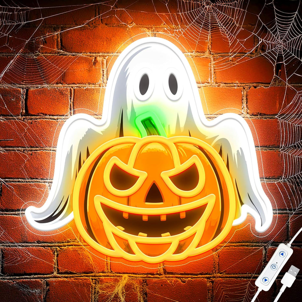 Spooky Glow Halloween Neon Signs for Wall Decor - Ghost & Pumpkin Led Neon Light Up Sign, Glow in Dark Indoor Decor for Porch Window Home Bar Party, Scary Halloween Decorations Gifts for Kids