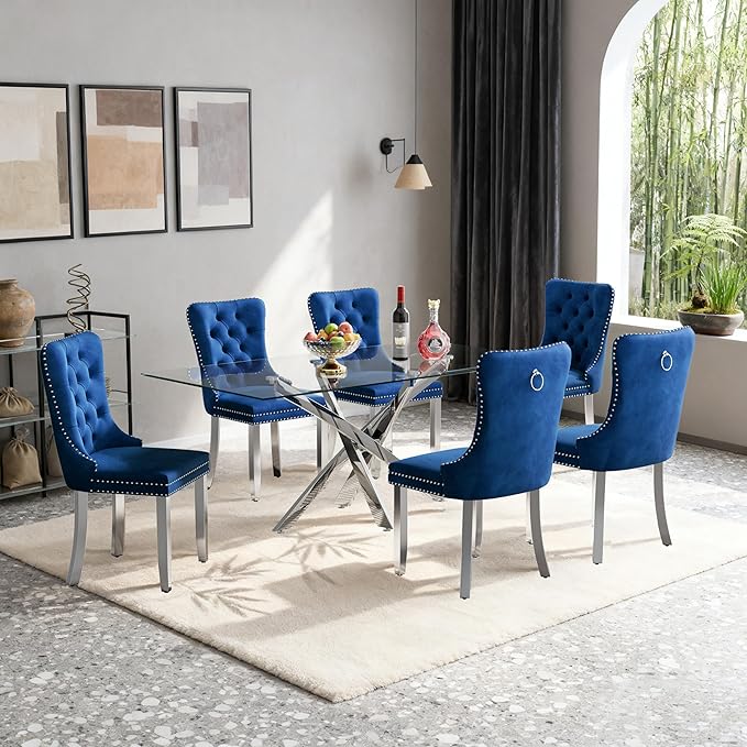 Goujxcy 51" Glass Dining Table Set for 6, Modern Kitchen Table and Chairs Set w/Steel Legs, 7-Piece Dining Table Set w/Glass Silver Dining Table and 6 Blue Velvet Chairs for Kitchen Dining Room