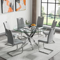 Goujxcy Round Dining Table Set for 6, Modern Glass Kitchen Table and Chairs Set of 6, 7 Piece Dining Room Table Set with 47" Circle Silver Metal Glass Dinner Table and 6 Grey Leather Dining Chairs