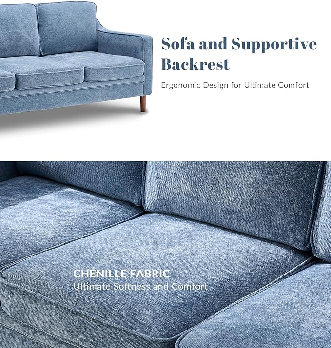 Kingfun Living Room Furniture Sets, 3 Seater Couch, Armchair and Loveseat, Mid Century Modern Sofa Set, Chenille Couch with Solid Wood Frame for Living Room & Bedroom, Light Blue