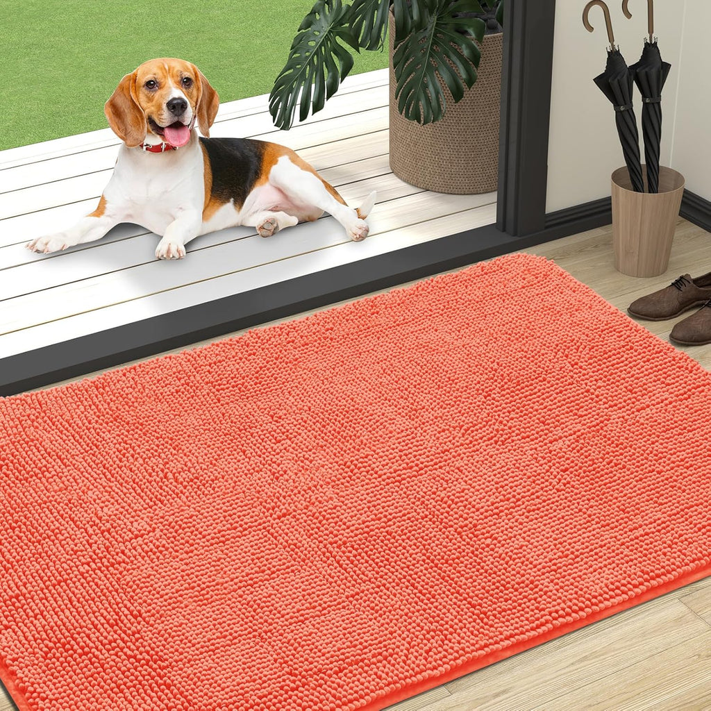 OLANLY Dog Door Mat for Muddy Paws 47x32, Absorbs Moisture and Dirt, Absorbent Non-Slip Washable Doormat, Quick Dry Chenille Mud Mat for Dogs, Entry Indoor Entryway Carpet for Inside Floor, Coral