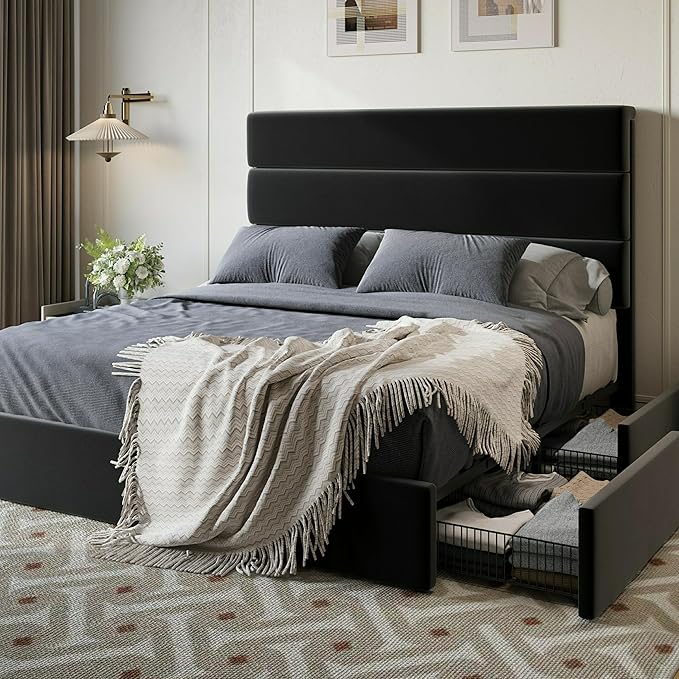 SHA CERLIN Full Size Platform Bed Frame with 4 Storage Drawers, Velvet Upholstered Headboard, Mattress Foundation with Wooden Slats Support, No Box Spring Needed, Easy Assembly, Black