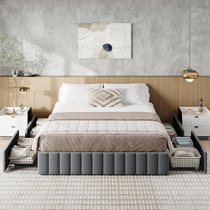Allewie Queen Size Platform Bed Frame with 4 Large Storage Drawers, Velvet Vertical Channel Tufted Upholstered Bed Base, Wooden Slats Support, Noise-Free, No Box Spring Needed, Easy Assembly, Grey