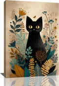 Boho Black Cat Wall Art Kitten Botanical Wall Decor Mid Century Modern Canvas Painting Print Minimalist Pictures Artwork Framed Decorations Gifts for Cat Lover Bathroom Nursery Living Room Bedroom Kitchen 16"x24"