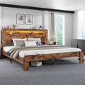 King Size Wooden Bed Frame with Bookcace Storage Headboard, Rustic Farmhouse Bedframe with LED Lights and Charging Station, Sturdy and Stable, Slat Support, No Box Spring Required (Brown, King)