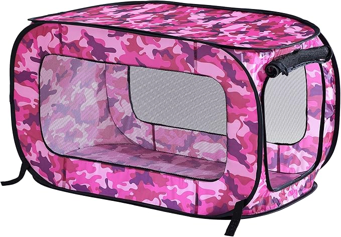 Beatrice Home Fashions Portable, Collapsible, Pop Up Kennel Travel Cat and Dog Crate, 40" L x 27" W x 27" H, Camo Pink