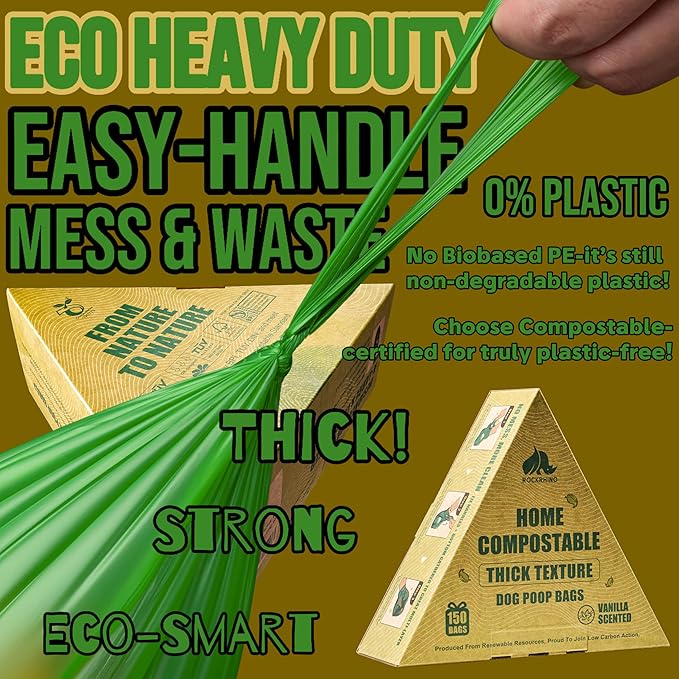 Ultra Thick & Deep RockRhino Dog Poop Bags for Large & XL Breeds | 4-Layer Interlocked Bottom | 100% Home Compostable, 0% Plastic | Vanilla-Scented | 150 Bags, Easy Open Tie Handles, Not for Scooper