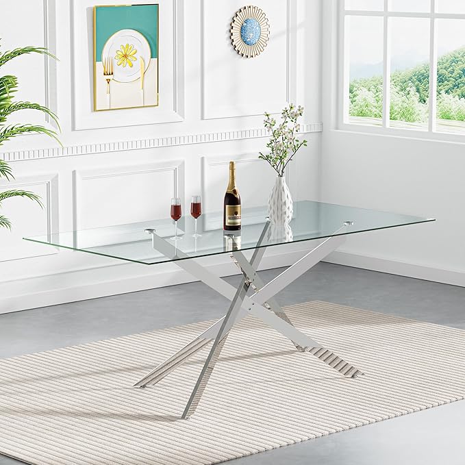 60" Rectangular Glass Dining Table Modern Kitchen Glass Top Table for 6 with Silver Metal Legs, Clear Dining Table Kitchen Table for Home Office Dining Room