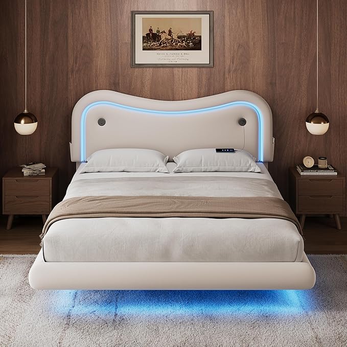 Queen Size Floating Bed Frame with LED Lights, Velvet Upholstered HeadboardBed Frame, Rounded Corners, Charging Station, No Box Spring Needed, Easy Assembly, White