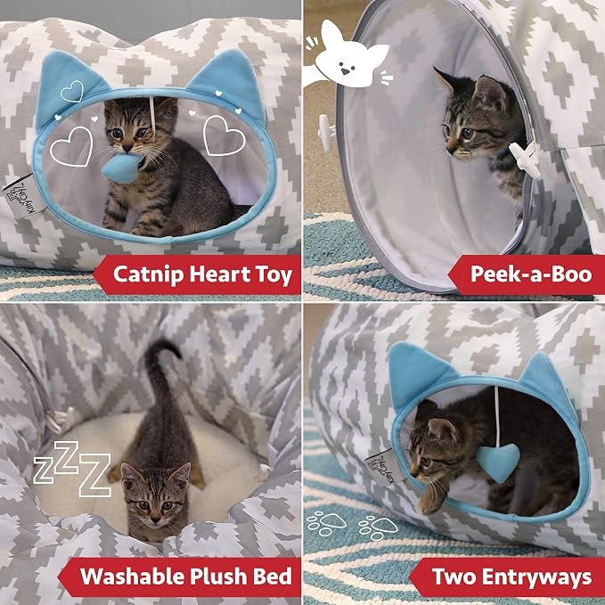 Kitty City Large Cat Tunnel Bed, 2-in-1 Zip-Together Cat Play Tunnel & Plush Nap Bed, Pop-Up Indoor Cat Toy with Hanging Toys, Collapsible Design - White