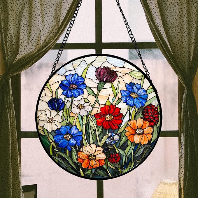 Stained Glass Suncatcher, Colorful Flowers Green Leaf Sun Catcher Landscape Stain Glass Window Hanging Decoration Mother's Day Birthday Gifts for Women Men Mom Nana 7.8 in