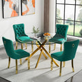 Goujxcy Round Dining Table Set for 4, Modern Glass Kitchen Table and Chairs Set of 4, 5-Piece Dining Room Table Set w/47 Circle Gold Glass Dining Table and 4 Upholstered Velvet Chairs