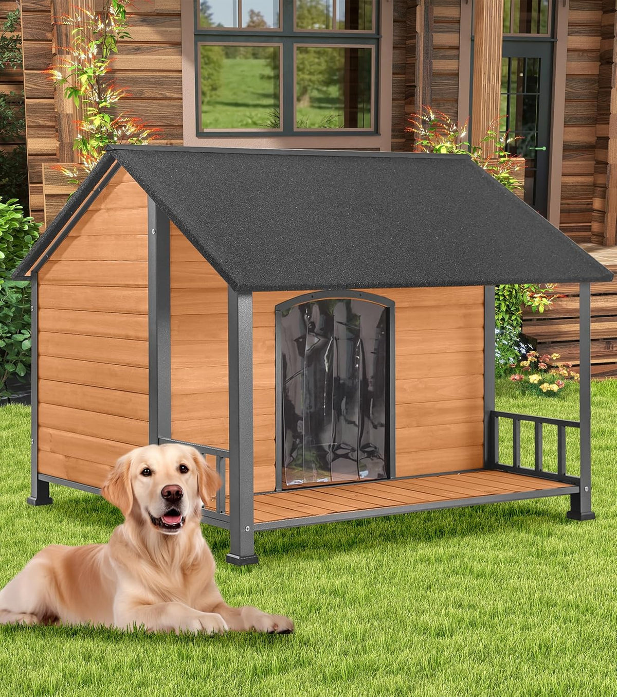 Gutinneen Large Dog House Outdoor with Strength Metal Frame, Outside Dog House with Waterproof Roof, PVC Curtain, Fir Wood Patio, Design for Small & Medium & Large Dogs