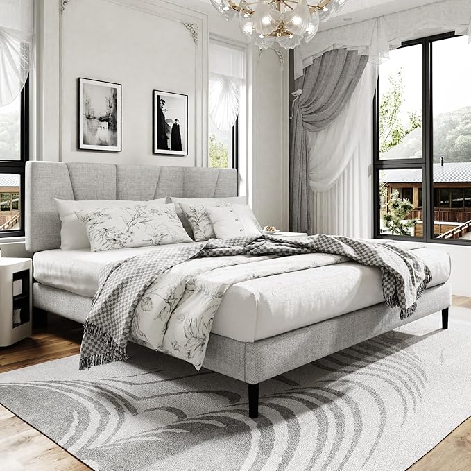 King Size Platform Bed Frame with Upholstered Headboard, Wooden Slats Support, Noise Free, No Box Spring Needed, Easy Assembly, Light Grey, Linen