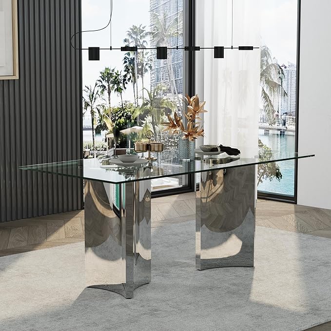 Asday Glass Dining Table, 70 inch Rectangular Dining Room Table, Double Pedestal Dining Table with Clear Tempered Glass Top and Mirrored Silver Trestle Base