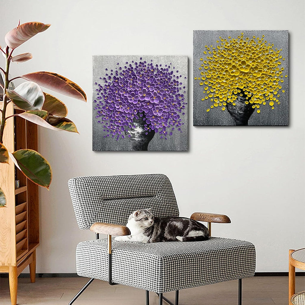 24x24 Hand-Painted Purple Flowers 3D Abstract Decorative Paintings, Wall Decorative Frame Wall Art, Modern Art Living Room Bedroom Office Hotel and Restaurant Wall Art
