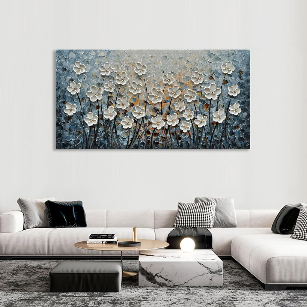 White Flower Canvas Wall Art Painting Hand-Painted Contemporary Art Works Living Room, Bedroom, Dining Room Wall Decoration 24x48 Inch