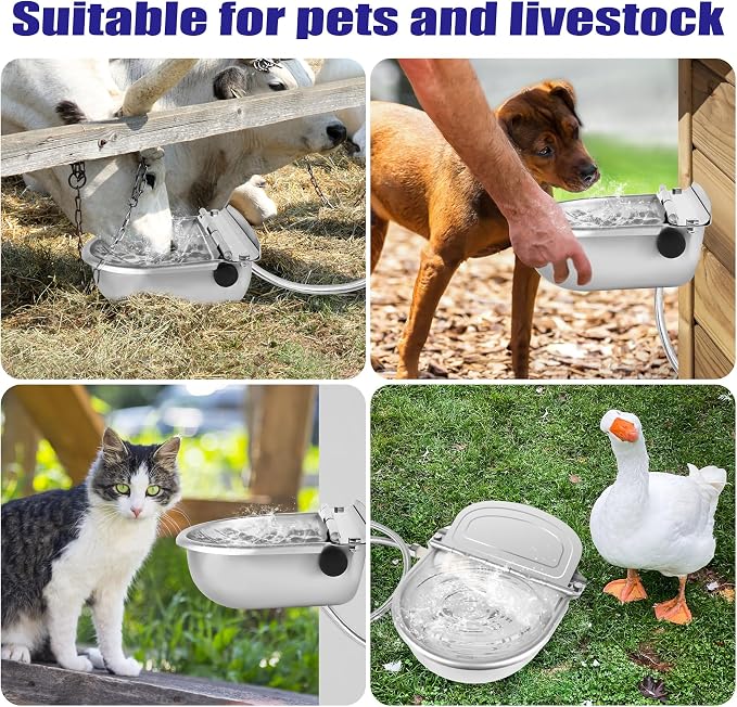ToLanbbt Automatic Animal Dispenser Horse Water Bowl with Float Valve Stainless Steel Goat Waterer Feeder Outside Water Trough for Livestock Auto Fill Dog Watering Bowl with 1/2" Hose, Drainage Hole