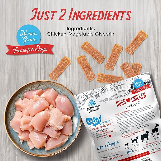 Farmland Traditions Dogs Love Chicken Jerky Dog Treats, Premium Two-Ingredient Dog Jerky with USA-Raised, Human-Grade Chicken & No Antibiotics Ever, 3-Pound Bag