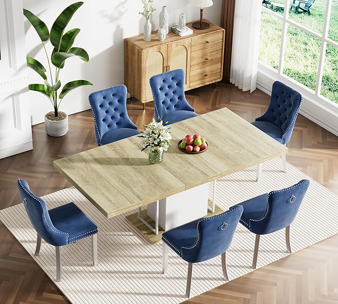 Goujxcy 78.7" Farmhouse Extendable Dining Room Table Set for 6, 7-Piece Rectangle Kitchen Dining Room Table Set with Wood Base and 6 Blue Velvet Dining Chairs, Extending Kitchen & Dining Table Set