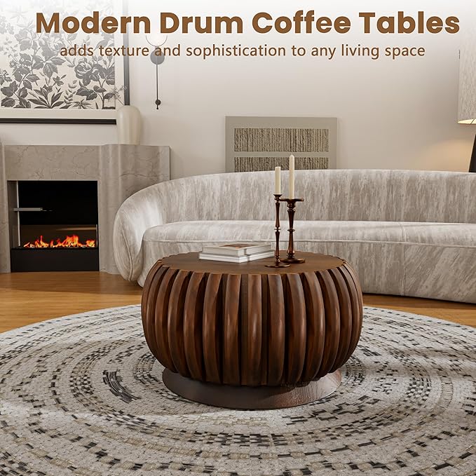 26.37'' Round Drum Coffee Table for Living Room Modern Rustic Farmhouse Wood Circle Coffee Tables with Fluted Pedestal Center Tables Tea Tables for Apartment Office Walnut