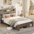 Wooden Bed Frame Full Size with Storage Headboard - Farmhouse Platform Bed Frame with Bookcase Shelf & Led Lights, Sturdy Wood Slat Framework Bed Frame (Light Brown LED)