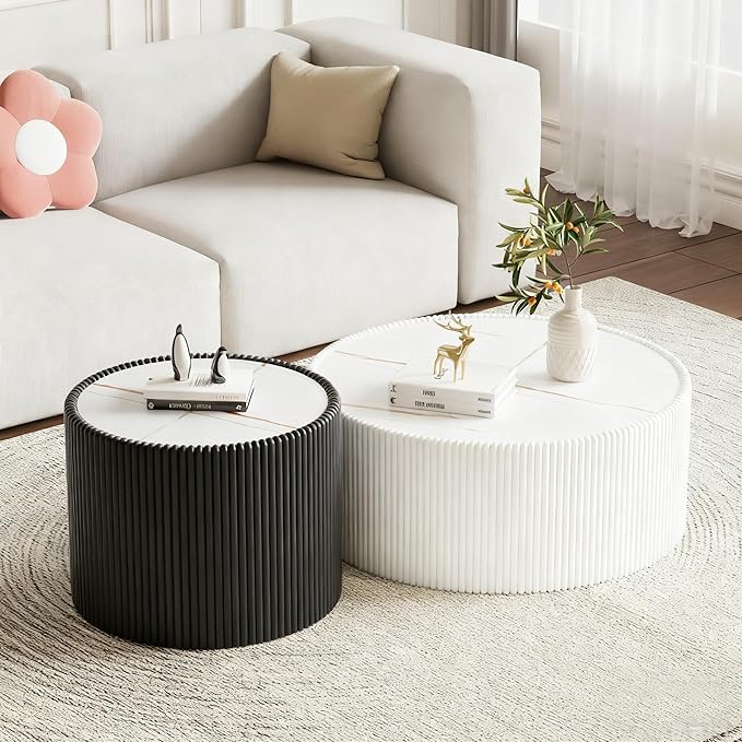 Round Coffee Table Set with Sintered Stone Tabletop, 29.52" White Drum Center Table and 17.71" Black Coffee Table Set, 2 Pieces Living Room Table Set with Fluted PU Leather Cover& Stable Base