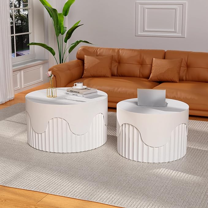 Round Nesting Coffee Table Set of 2, Round Fluted Coffee Tables for Living Room Modern Nesting End Side Tables for Small Spaces (E White)