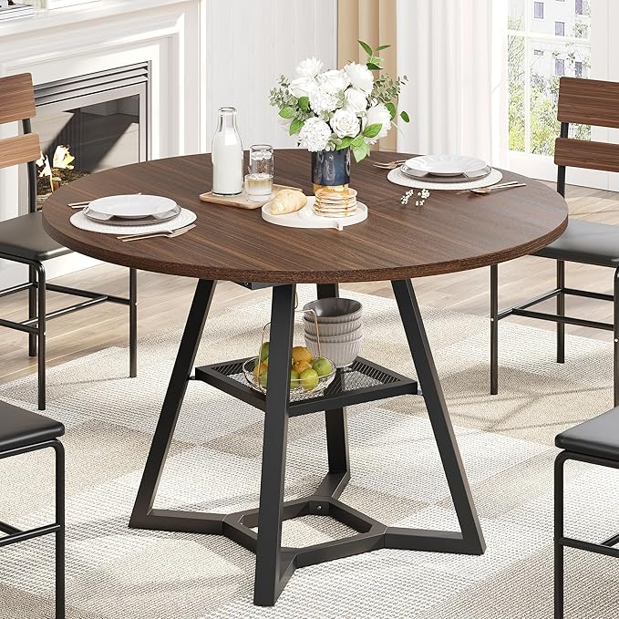 Round Dining Table for 4, Kitchen Tables Dining Room Circle Dinner Table with Pedestal Metal Frame, Space Saving Wood Industrial Kitchen & Dining Room Tables, Walnut 47In