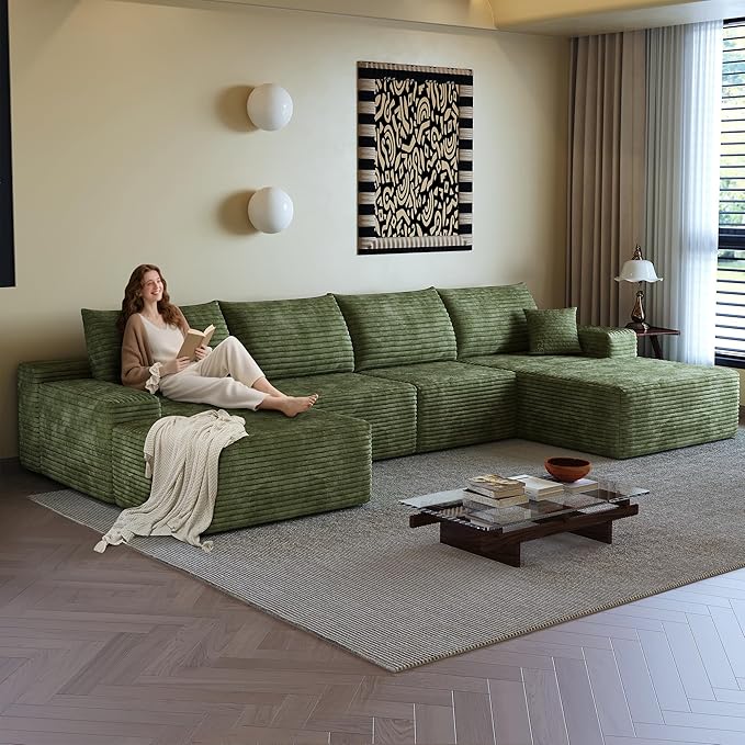 136" Sectional Couches for Living Room Modern Modular Sofa with L-Shape Couchs Upholstered Boneless Couch Deep Seat Sectional Couch with Chaise (Green, Right Facing Chaise+3Seaters+Ottoman)