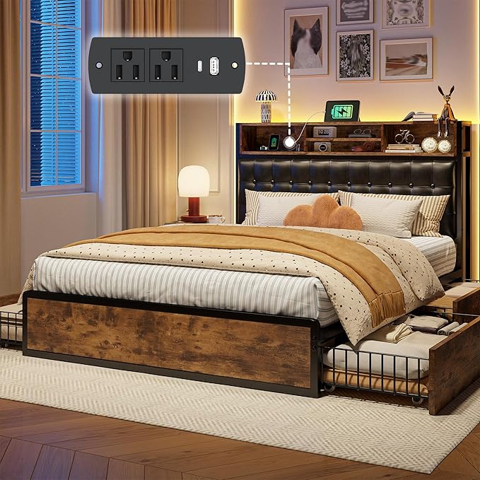 EnHomee Full Bed Frame with 4 Storage Drawers and Headboard Upholstered Bed Frame Full Size with Charging Station, No Noise, Metal Support, No Box Spring Needed,Vintage Brown