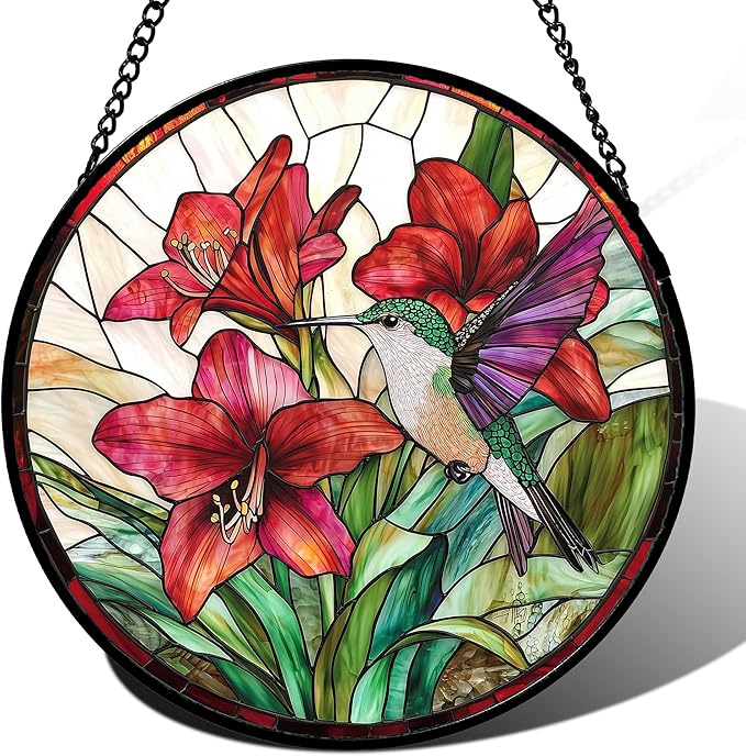 Stained Glass Window Hanging - Hummingbird On Red Lily Flower Sun Catcher for Door Garden Decor Suncatcher Christmas Mother's Day Birthday Gifts for Bird Lovers Women Men Mom Nana 7.8 in