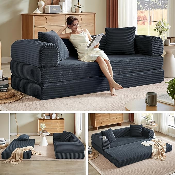 Boneless Couch Sofa Bed Sectional Couches for Living Room,Futon Cloud Couch with Sleeper Sofa,Sofas for Living Room Oversized Corduroy Upholstered (Dark Grey)