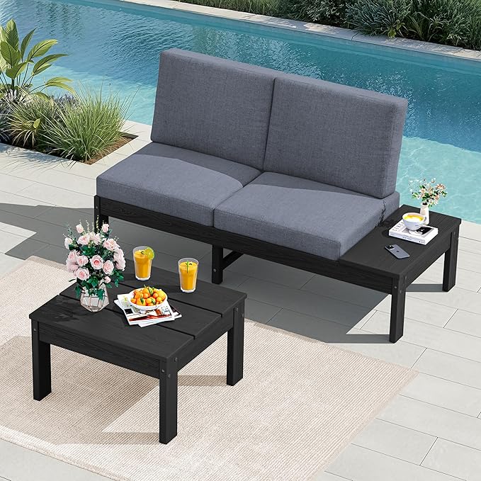 SERWALL HDPE Outdoor Furniture Set, Loveseat and Coffee Table, All Weather Patio Sofas, Seats 2, Outdoor Sectional Sofa for Backyard, Balcony, Black Frame with Grey Cushion