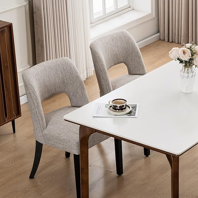 VKNOW Wooden Dining Chairs Set of 6, Modern Fabric Upholstered Dining Room Chair Kitchen Chairs, Farmhouse Dinner Chair for Kitchen Dining Room, Grey-Black Legs