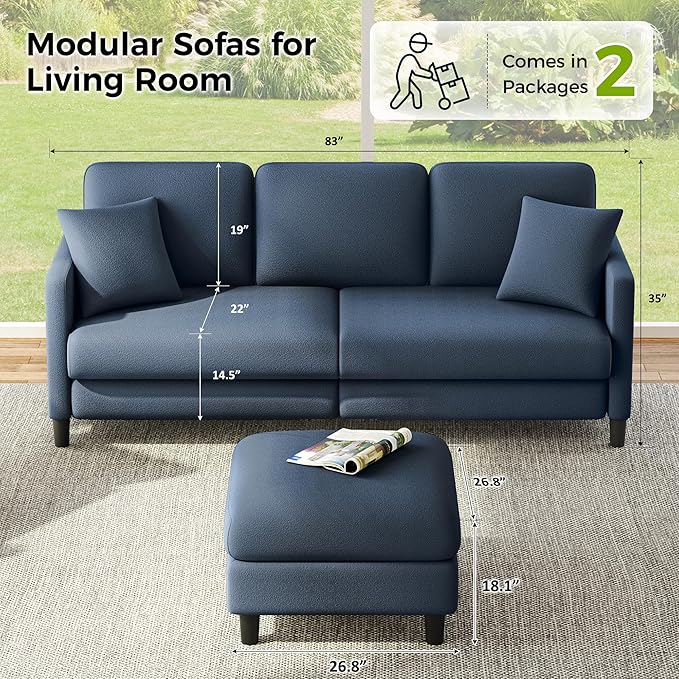 83" Couches for Living Room, Comfy Sofas for Living Room with Storage Ottoman, Teddy Sofa Couch, Tool-Free Loveseat Sofa, All-Wood Love Seat Couches, L Shaped Couch 2 Pillow Include, Blue Grey