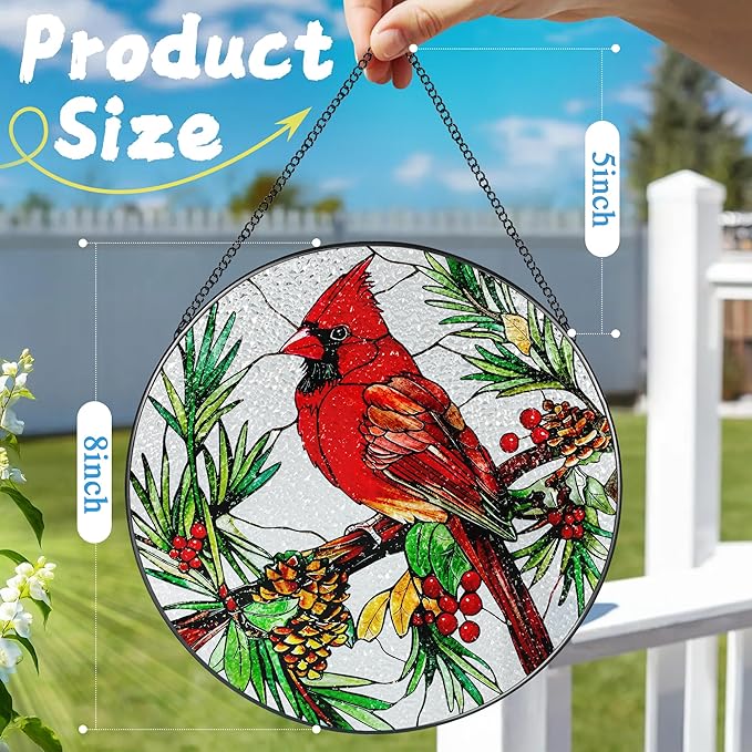 Stained Glass Window Hanging, 8 Inch Cardinal Sun Catcher, Stained Glass Decor, Suncatchers for Windows Hanging, Cardinal Window Decor, Gift for Bird Lovers, Gifts for Mom Grandma