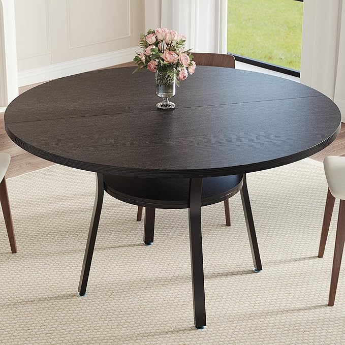 IDEALHOUSE Round Dining Table for 4-6, 47 Inch Kitchen Table with Sturdy Metal Frame, Space Saving Circle Dining Room Table for Small Space (Table Only), Black