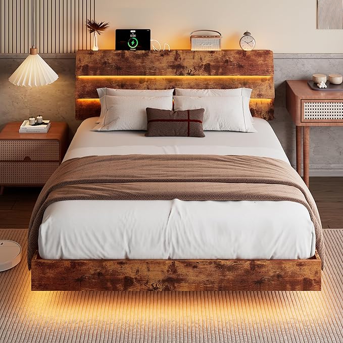 Floating Bed Frame Full Size with Led Headboard and Charging Station, Metal Platform Bed Base with Storage, Remote Control, Heavy Slats Support, No Box Spring Needed, Noise Free, Vintage Brown