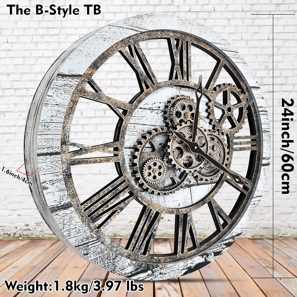 The B-Style Large Wall Clock 24 inch Moving Gear Wall Clock Oversized Vintage Farmhouse Wall Clocks for Living Room Decor Rustic Industrial Wood Clock (Gray and White)