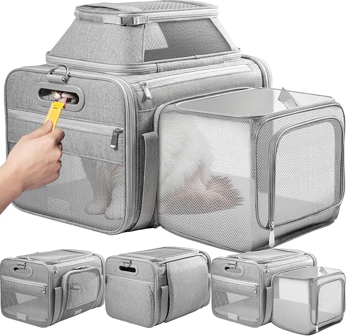Top-Side Expandable Pet Carrier, Treat Window,18x13x9.5 Airline Approved | for Southwest Frontier,Soft-Sided Cat Carrier, Anti-Scratch Mesh, Lockable Zippers,Dog Carrier for Kitten,Rabbit,Puppy, Grey