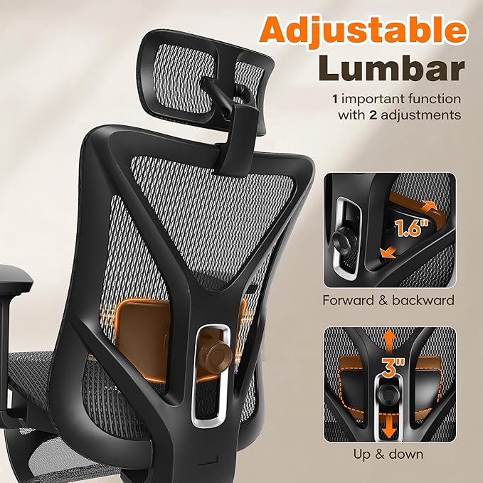 GABRYLLY Ergonomic Office Chair with Footrest, 135° Reclining Desk Chair with Adjustable Lumbar Support,3D Armrest,Headrest & Large Steel Base, 300LBS Heavy Duty Mesh Chair