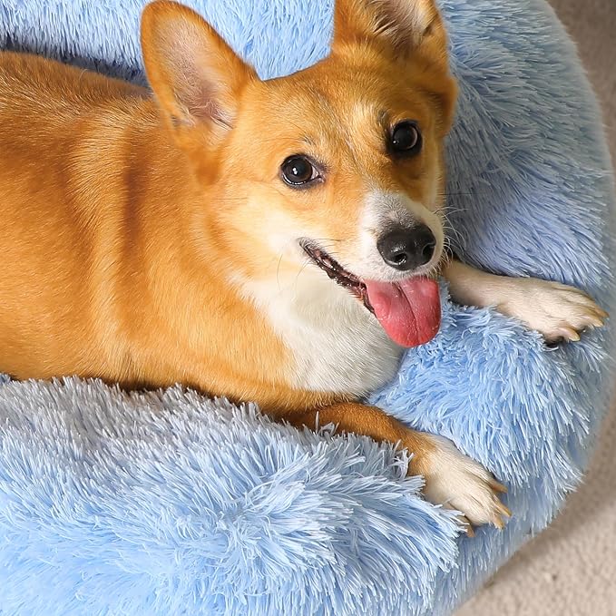 Western Home Calming Donut Medium Dog Bed Washable Pet Bed,30" Light Blue | Fluffy Faux Fur Round Cuddler,Anti-Anxiety,Anti-Slip Bottom,Plush Pet Dog Beds for Medium Sized Dogs,Up to 45 LBS