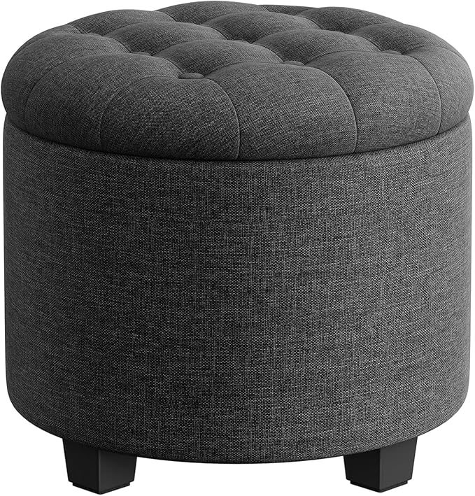 SONGMICS Round Ottoman, Ottoman with Storage, 17.7 Dia. x 17.5 H Inches Foot Rest with Legs, Load up to 330 lb, for Living Room, Bedroom, Dark Gray ULOM011G01