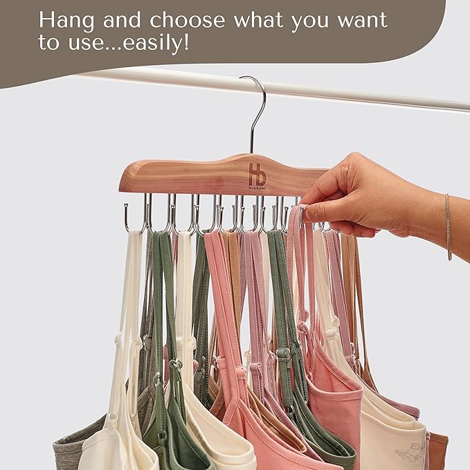 Large Bra Hanger and Bra Organizer for Closet – Tank Top Hanger Space Saving for House, Dorm, Apartment - Foldable Wooden Hangers for Closet Organizer - 20 Hooks - Cedar Wood, Natural, 2 Pack