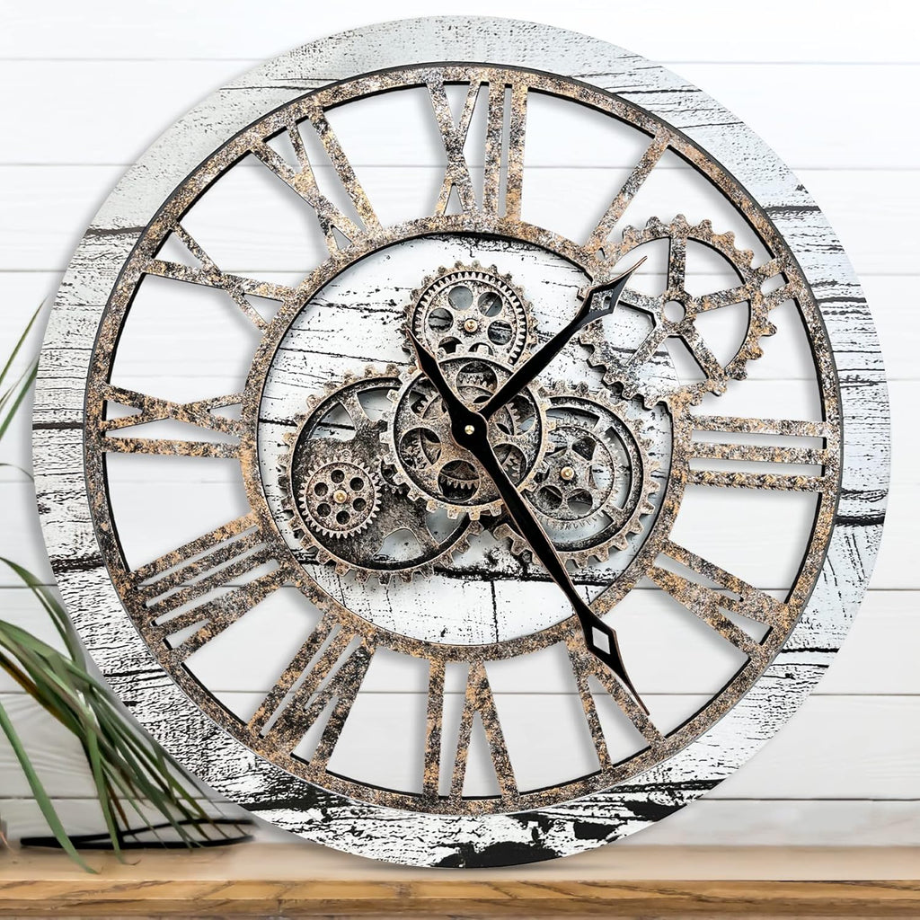 The B-Style Large Wall Clock 24 inch Moving Gear Wall Clock Oversized Vintage Farmhouse Wall Clocks for Living Room Decor Rustic Industrial Wood Clock (Gray and White)