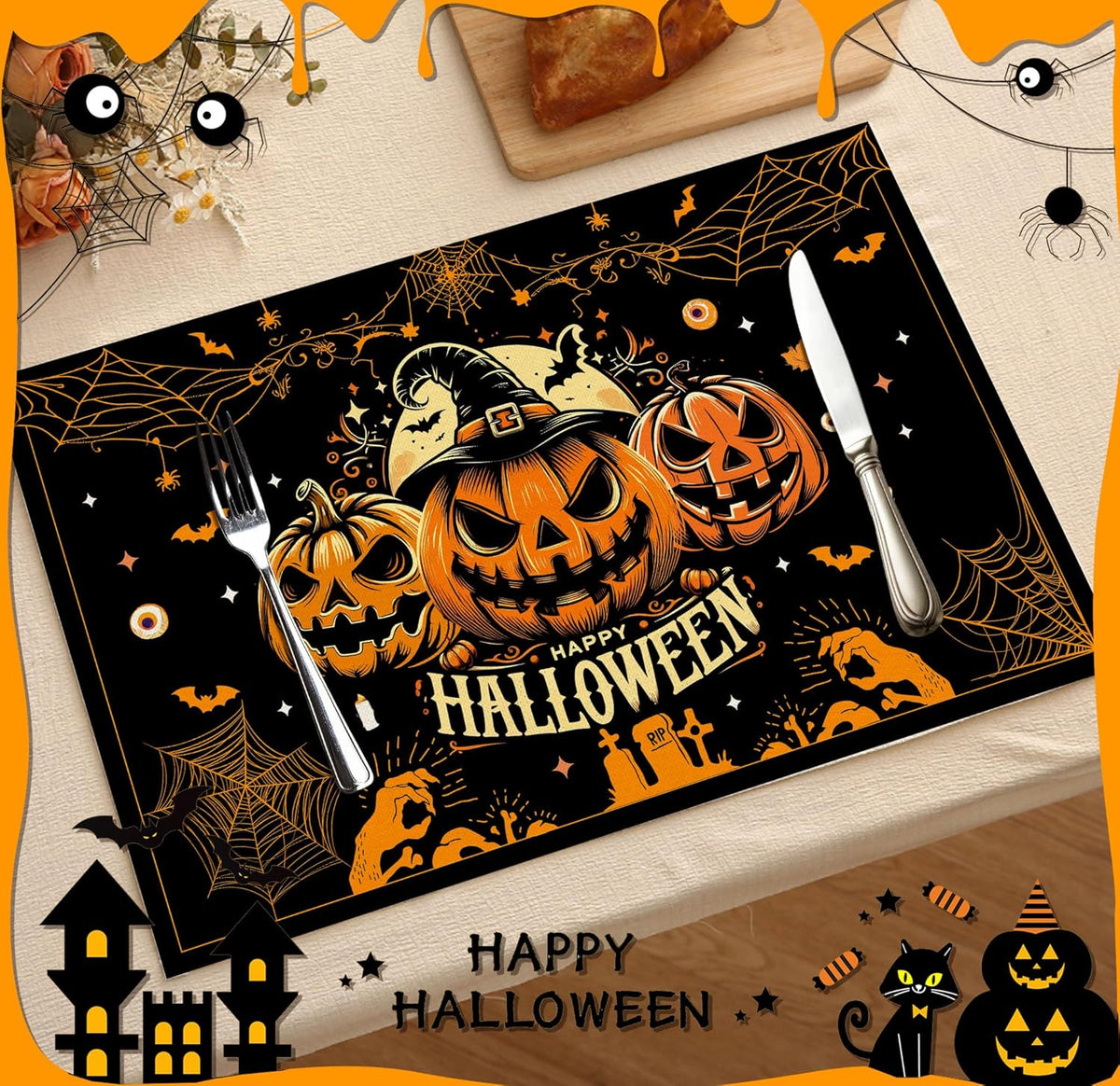 Halloween Spooky Placemats Set of 4, 12x18 Inch Pumpkin Bat Table Mats, Washable Heat Resistant Place Mats for Kitchen Dining Table, Halloween Themed Decoration for Home-B05