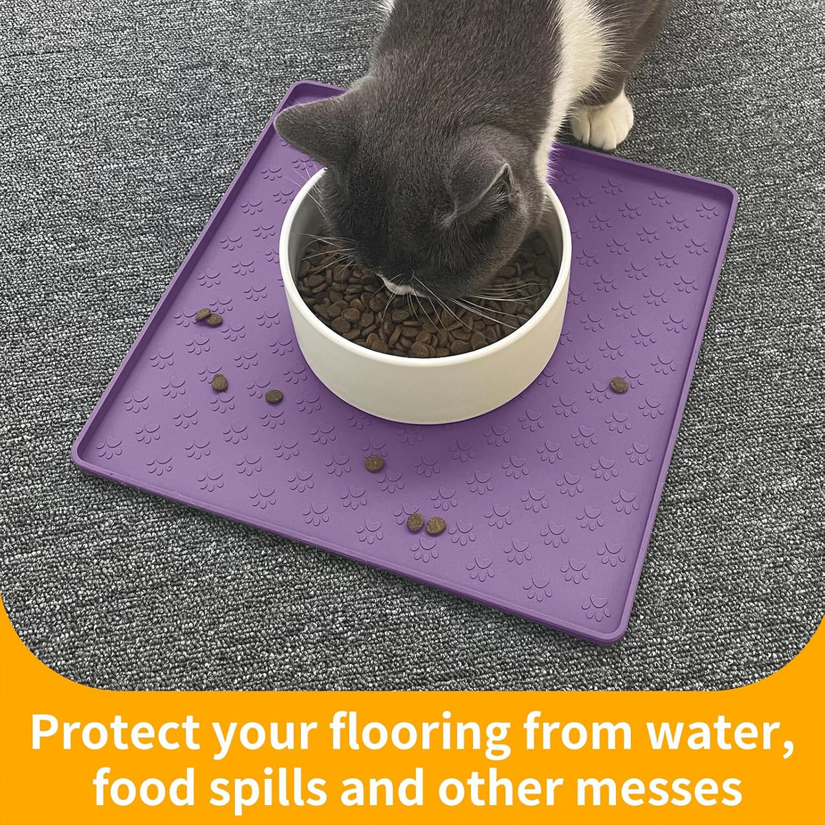 Ptlom Dog Food Mat Anti-Slip Bowl Mats for Food and Water, Waterproof Silicone Pet Placemat with High Raised Edges, Non-Slip Puppy Feeding Tray for Small, Medium Large Cats Dogs, Purple, 11.8"x11.8"